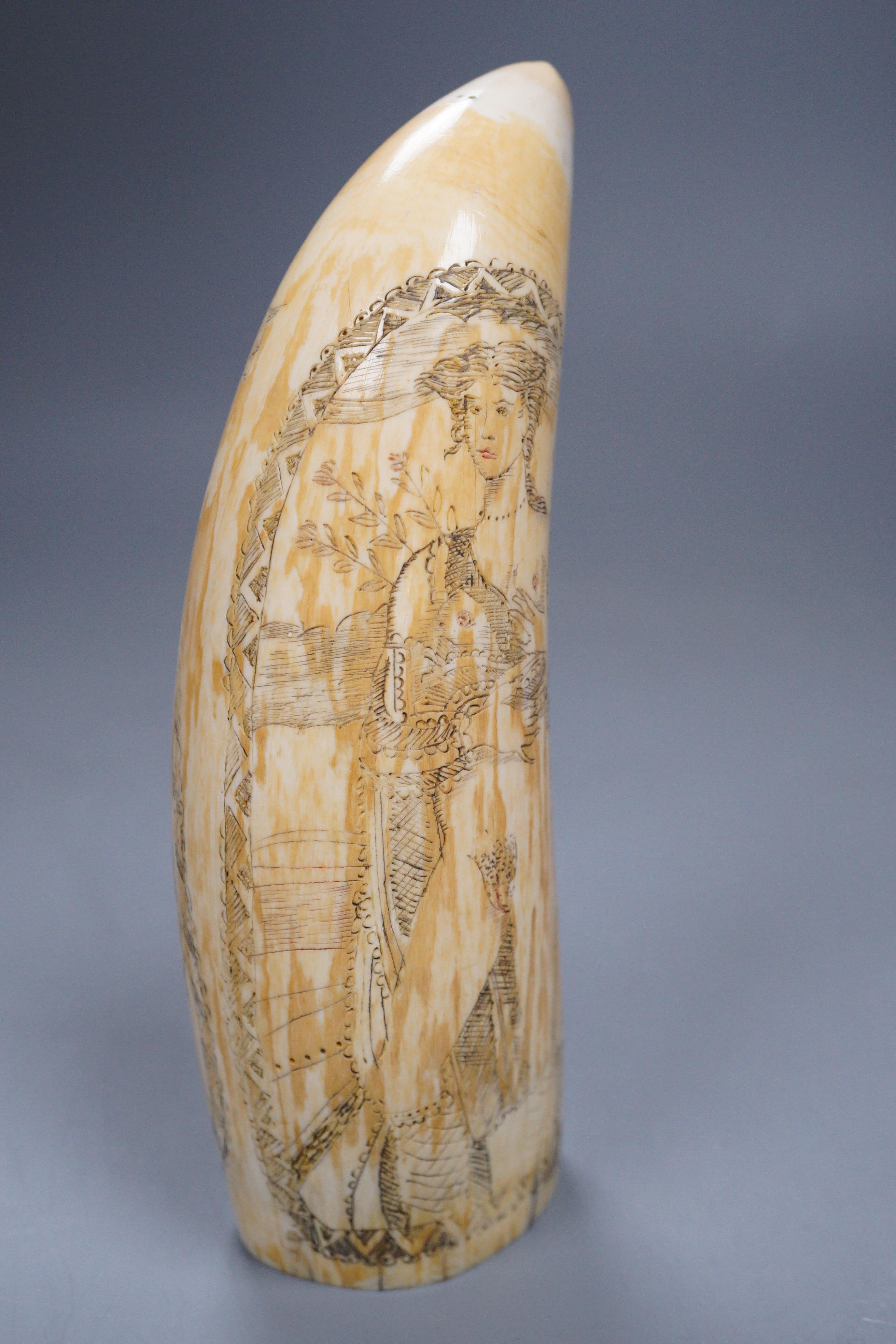 A carved scrimshaw whale tooth titled ‘Ship Dove’, 16cm